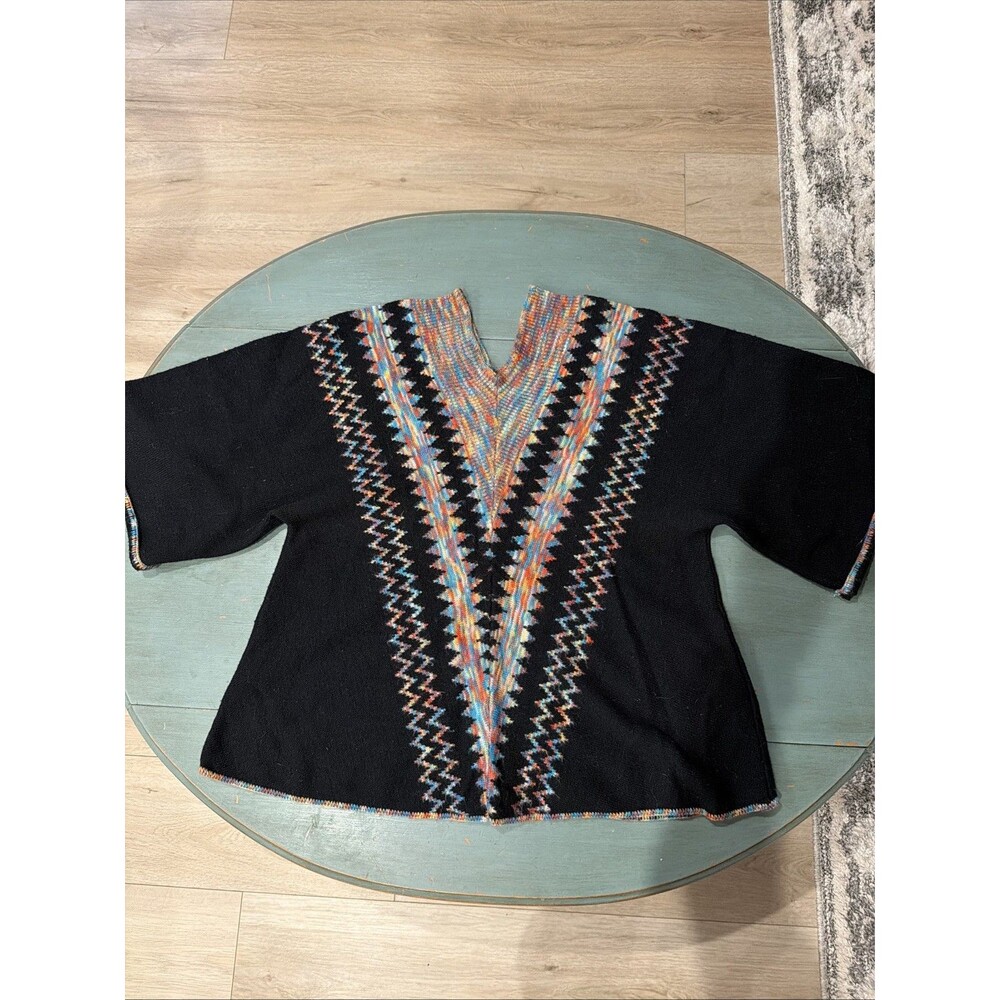 Vintage Cuddle Knit Black Multicolor Zigzag V-Neck Sweater Womens M/L